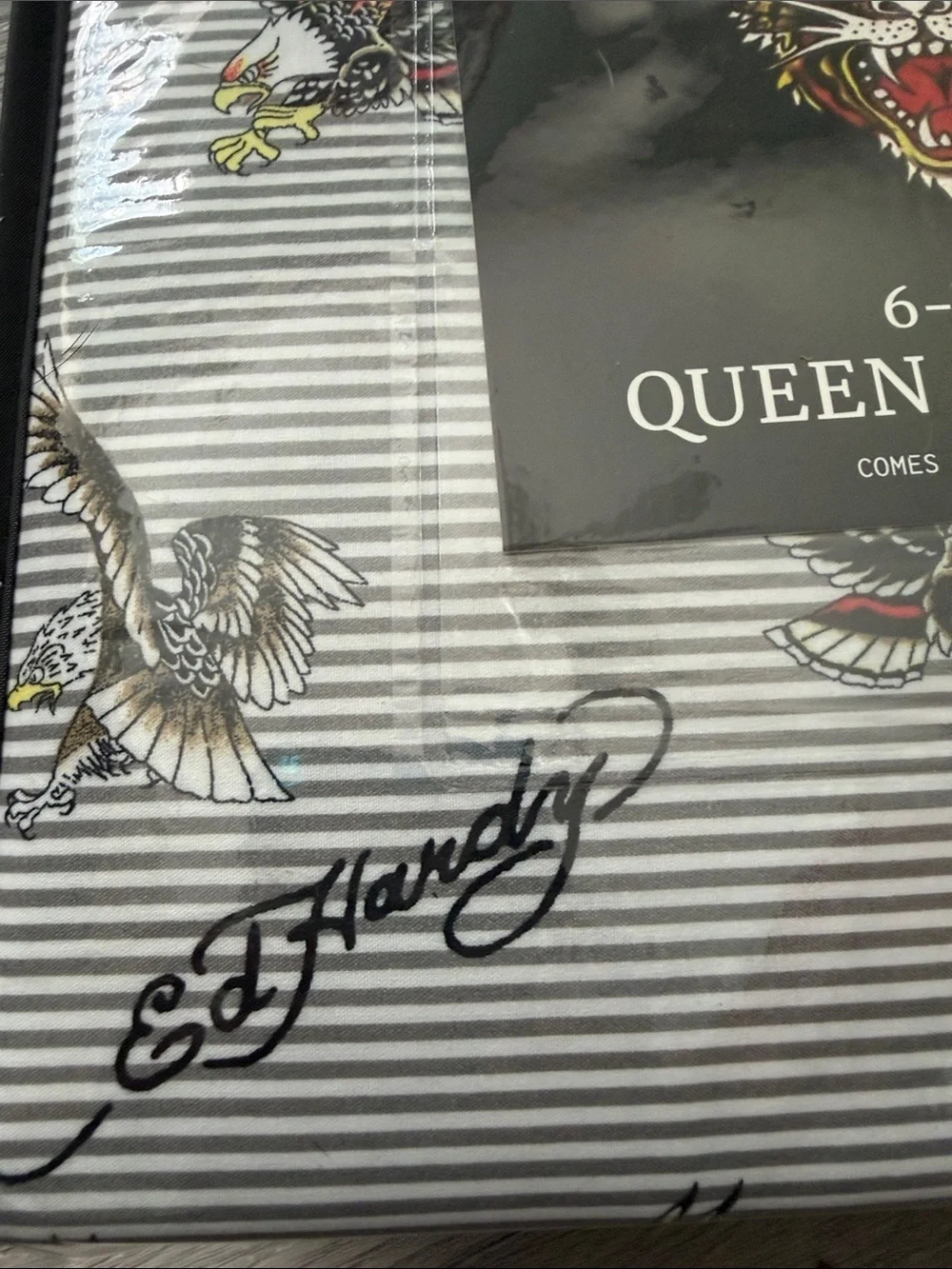 Ed Hardy Queen 6pc Sheet Set - Gray & White Striped w/ Eagle Motifs NIP